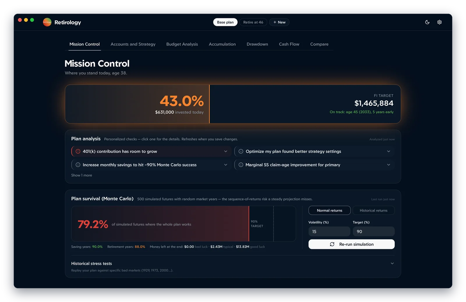 Retirology's Mission Control with a Monte Carlo success rate of 79.2% shown against a 90% target, plus saving-years and retirement-years results and bad-luck, typical and good-luck end balances