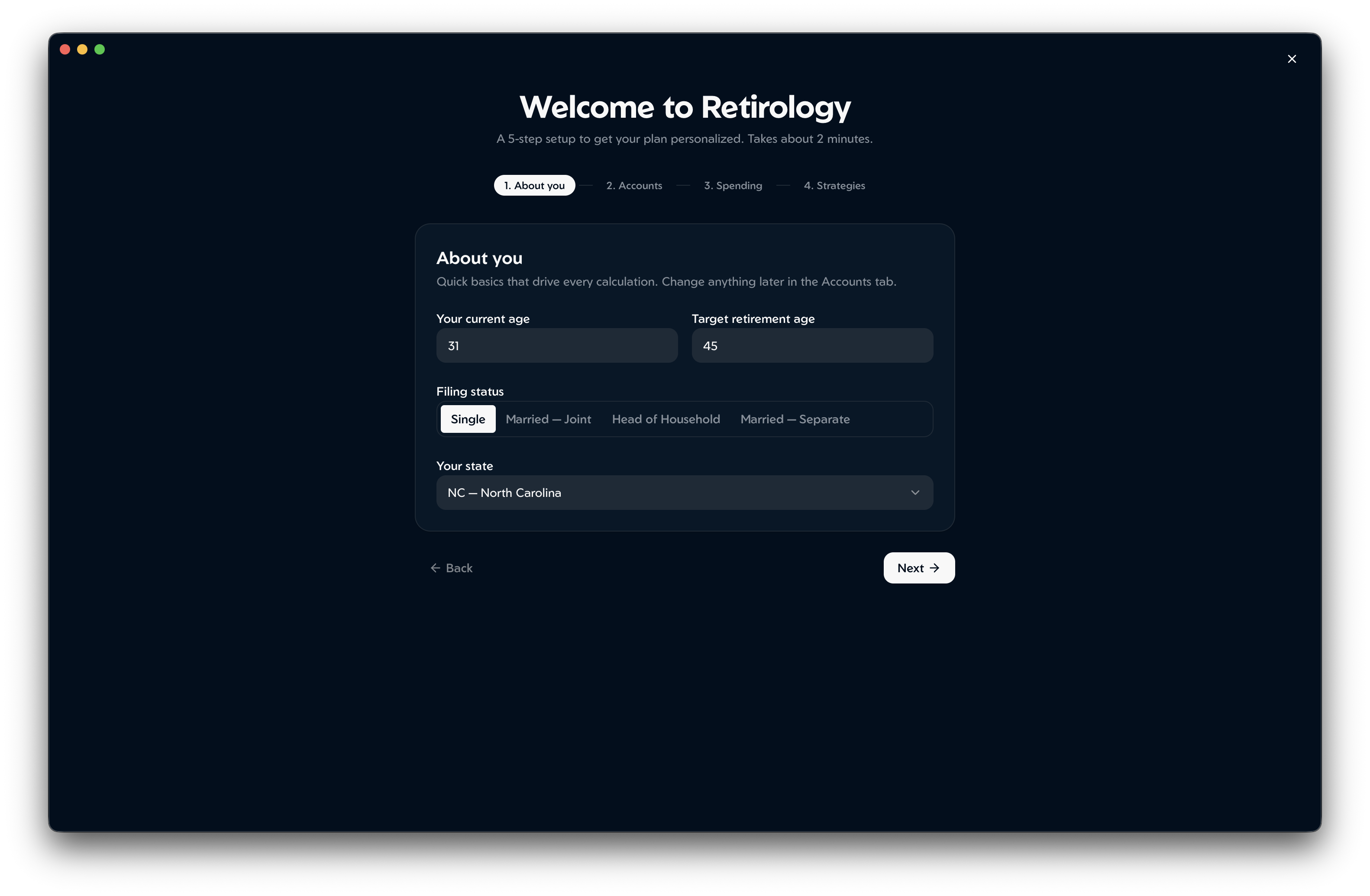 Retirology onboarding wizard showing the About You step with age, target retirement age, filing status, and state inputs
